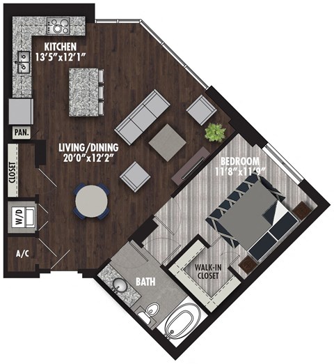 Floor plan for 1 bed, 1 bath, 847 sqft