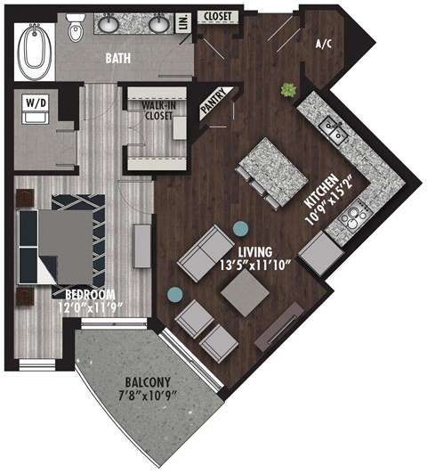Floor plan for 1 bed, 1 bath, 860 sqft