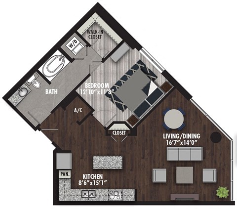 Floor plan for 1 bed, 1 bath, 862 sqft
