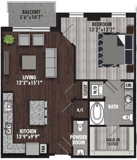 Floor plan for 1 bed, 1.5 baths, 867 sqft