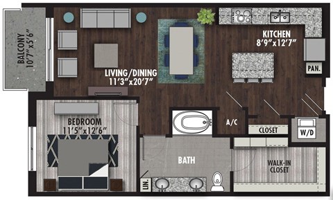 Floor plan for 1 bed, 1 bath, 880 sqft