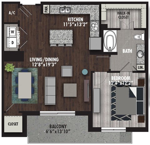 Floor plan for 1 bed, 1 bath, 925 sqft