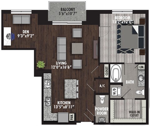 Floor plan for 1 bed, 1 bath, 973 sqft