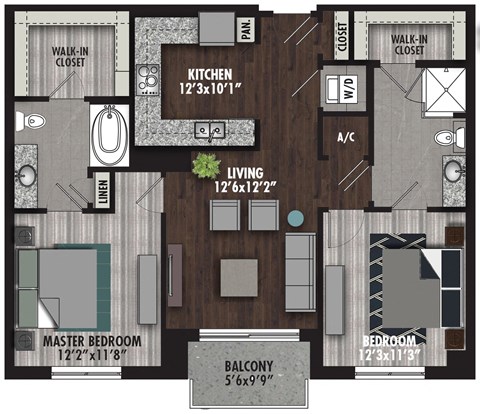 Floor plan for 2 beds, 2 baths, 1078 sqft
