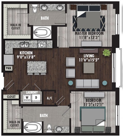 Floor plan for 2 beds, 2 baths, 1141 sqft