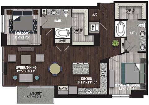 Floor plan for 2 beds, 2 baths, 1285 sqft