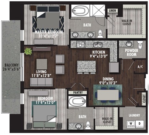 Floor plan for 2 beds, 2.5 baths, 1310 sqft