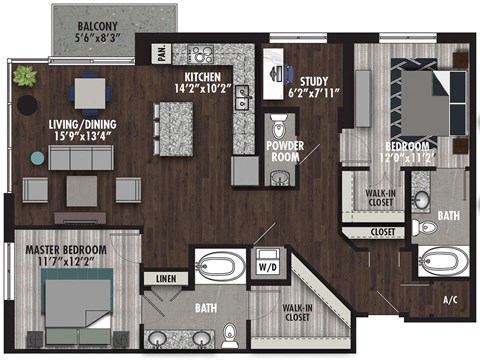 Floor plan for 2 beds, 2.5 baths, 1359 sqft