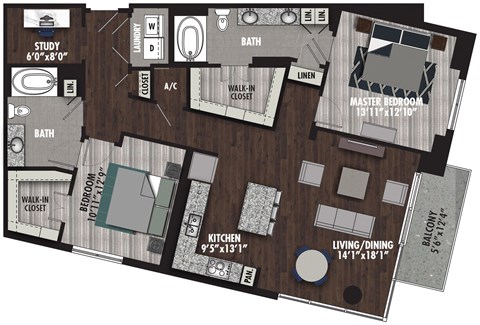 Floor plan for 2 beds, 2 baths, 1405 sqft