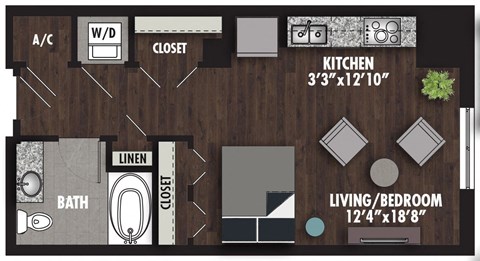 Floor plan for studio, 1 bath, 528 sqft
