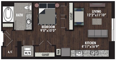 Floor plan for studio, 1 bath, 648 sqft