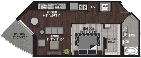Floor plan for studio, 1 bath, 728 sqft