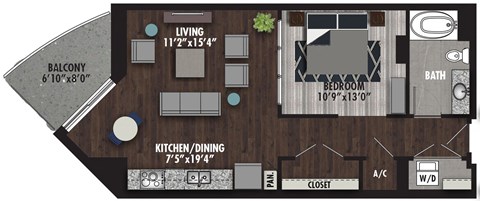 Floor plan for studio, 1 bath, 751 sqft