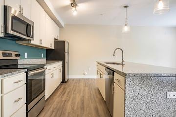 Asheville apartment for rent - A kitchen with a black refrigerator and a black and white tiled backsplash.