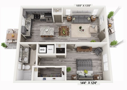 Floor plan for 1 bed, 1 bath, 780 sqft