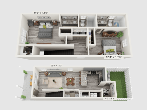 Floor plan for 2 beds, 2.5 baths, 1252 sqft