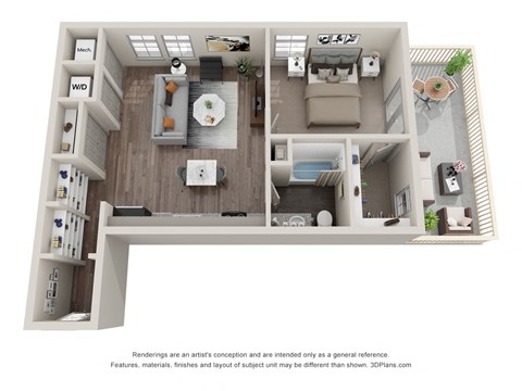 Floor plan for 1 bed, 1 bath, 739 sqft