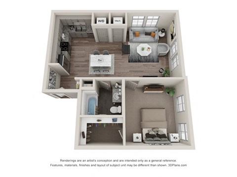 Floor plan for 1 bed, 1 bath, 748 sqft