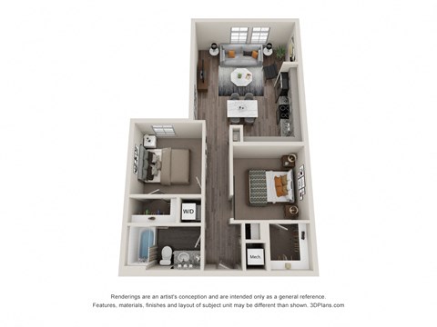 Floor plan for 2 beds, 1 bath, 791 sqft