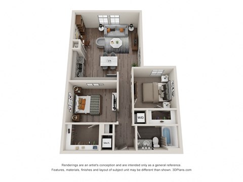 Floor plan for 2 beds, 1 bath, 899 sqft
