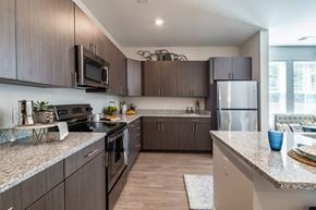 Charlotte apartment for rent - A modern kitchen with dark wood cabinets and granite countertops.