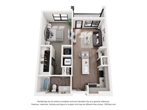 Floor plan for 1 bed, 1 bath, 692 sqft