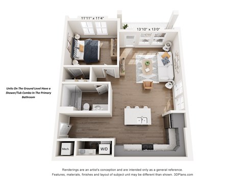Floor plan for 1 bed, 1 bath, 793 sqft