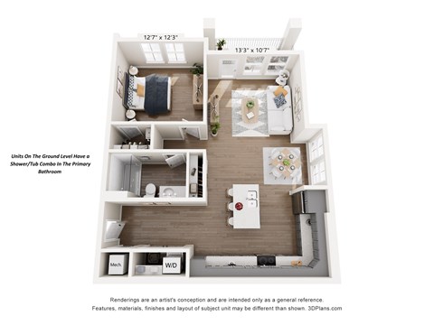 Floor plan for 1 bed, 1 bath, 896 sqft