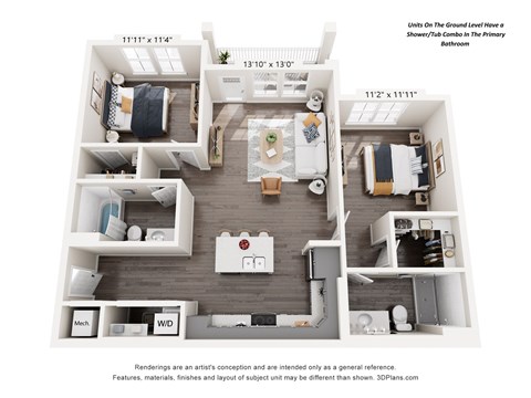 Floor plan for 2 beds, 2 baths, 1088 sqft