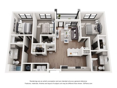 Floor plan for 3 beds, 2 baths, 1224 sqft
