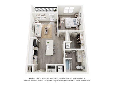 Floor plan for 1 bed, 1 bath, 652 sqft