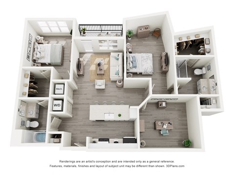 Floor plan for 2 beds, 2 baths, 1188 sqft