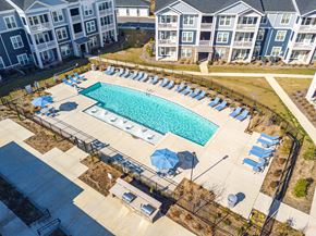 Charlotte apartment for rent - A large swimming pool surrounded by blue lounge chairs and umbrellas.