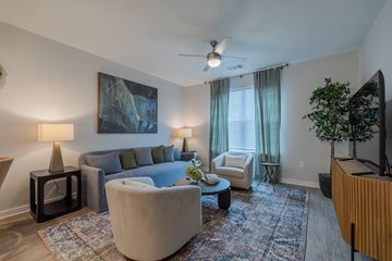 Savannah apartment for rent - A living room with a grey couch, a green lamp, a painting on the wall, a ceiling fan, a window with curtains, a small table with a vase of flowers, a chair, and a television.