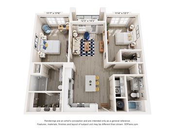 Bradenton apartment for rent - A 3D floor plan of a small apartment with a kitchen, living room, and bedroom.