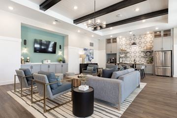 Kissimmee apartment for rent - A modern living room with a grey sofa, a black and white striped rug, and a television on the wall.