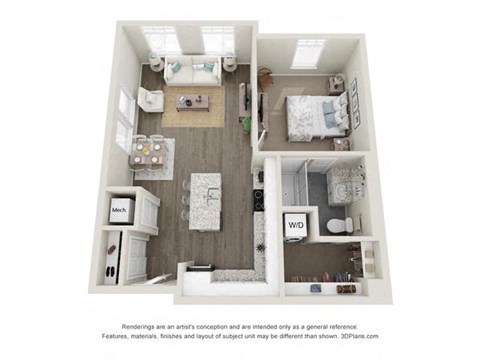 Floor plan for 1 bed, 1 bath, 747 sqft