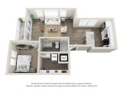 Floor plan for 1 bed, 1 bath, 752 sqft