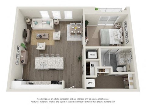 Floor plan for 1 bed, 1 bath, 809 sqft