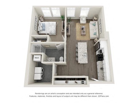 Floor plan for 1 bed, 1 bath, 693 sqft