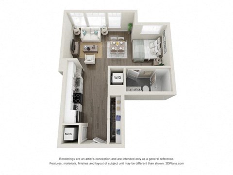 Floor plan for studio, 1 bath, 544 sqft