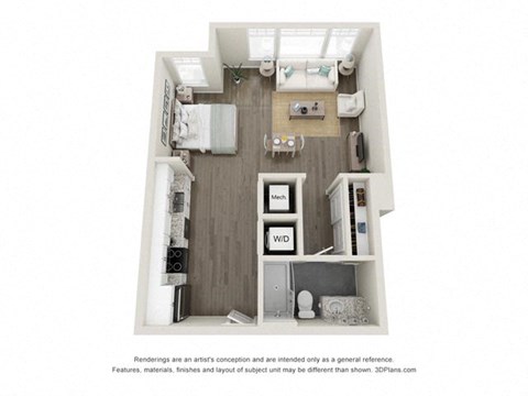Floor plan for studio, 1 bath, 597 sqft