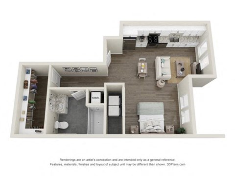 Floor plan for studio, 1 bath, 684 sqft