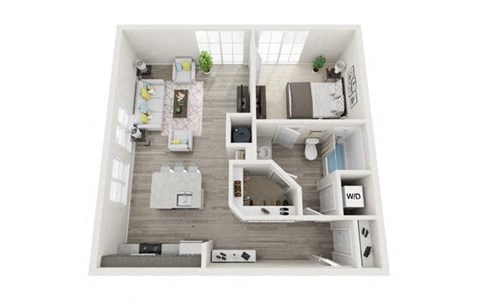 Floor plan for 1 bed, 1 bath, 715 sqft