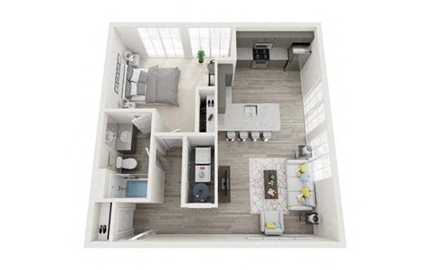 Floor plan for 1 bed, 1 bath, 729 sqft