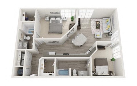 Floor plan for 2 beds, 2 baths, 1038 sqft