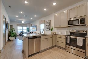Gainesville townhouse for rent - A modern kitchen with stainless steel appliances and wooden floors.