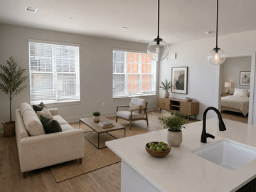 Charlotte apartment for rent - A modern living room with a white kitchen island and a beige sofa.