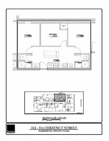 Floor plan for 2 beds, 2 baths, 624 sqft