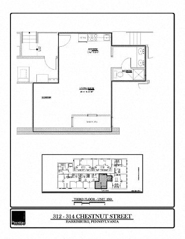Floor plan for 1 bed, 1 bath, 451 sqft